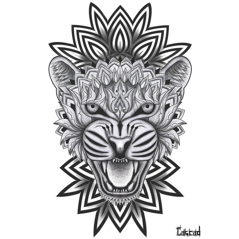 Tatouage temporaire hyperréaliste Tiger Mandala - by CASCAD de ArtWear Tattoo Collaborations sur le bras d'un homme et jambe d'une femme