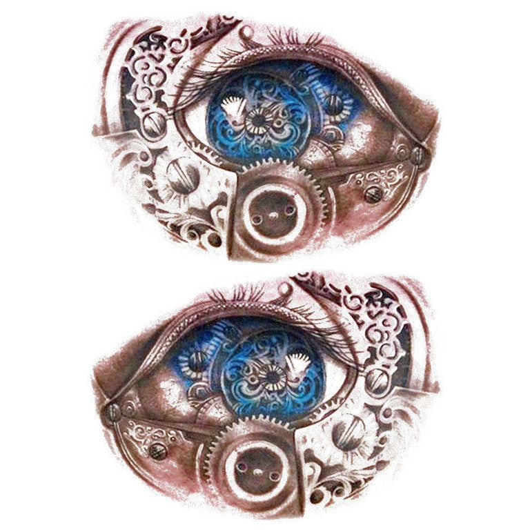 Tatouage temporaire hyperréaliste Blue Mechanical Eyes - Pack de ArtWear Tattoo Divers Fantaisie sur le bras d'un homme et jambe d'une femme