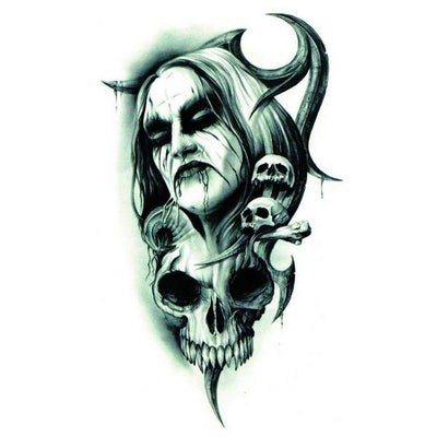 Tatouage temporaire hyperréaliste Demon & Skull 2 de ArtWear Tattoo Divers Fantaisie sur le bras d'un homme et jambe d'une femme