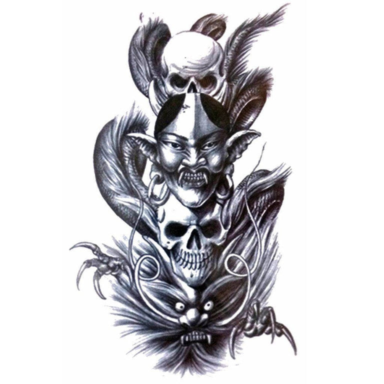 Tatouage temporaire hyperréaliste Evils Heads de ArtWear Tattoo Divers Fantaisie sur le bras d'un homme et jambe d'une femme