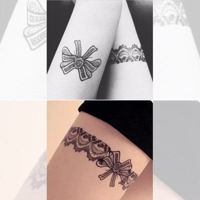 Tatouage temporaire hyperréaliste Laces & Bows - Pack de ArtWear Tattoo Divers Fantaisie sur le bras d'un homme et jambe d'une femme