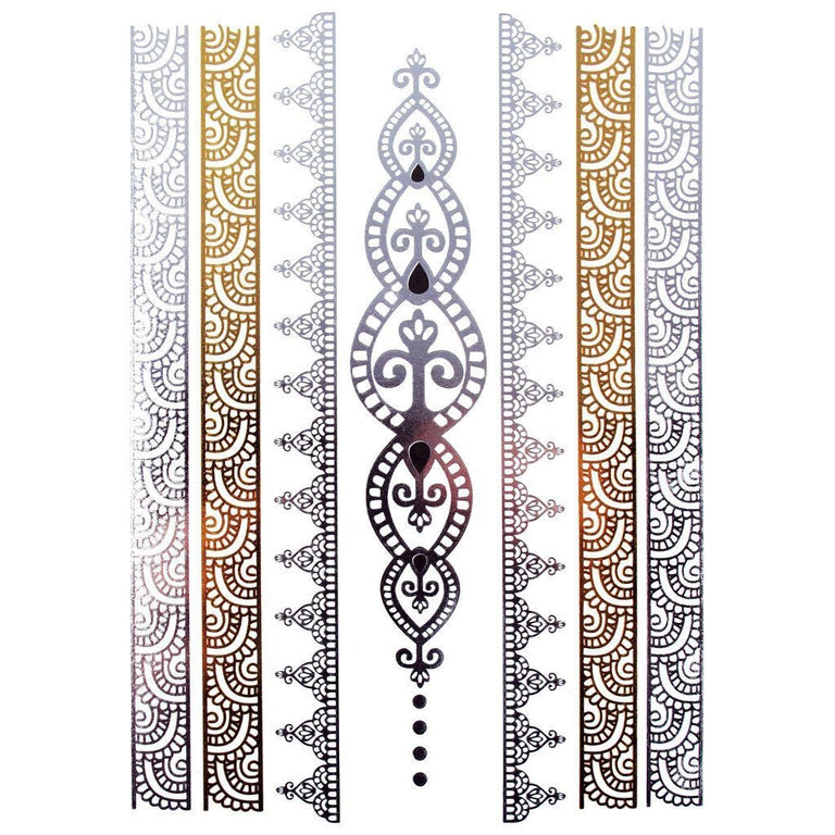 Tatouage temporaire hyperréaliste Metallic Gold Mandala Ribbons - Pack de ArtWear Tattoo Dorés & Argentés sur le bras d'un homme et jambe d'une femme