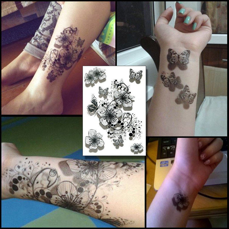 Tatouage temporaire hyperréaliste B&W Flowers & Butterfly de ArtWear Tattoo Fleurs sur le bras d'un homme et jambe d'une femme