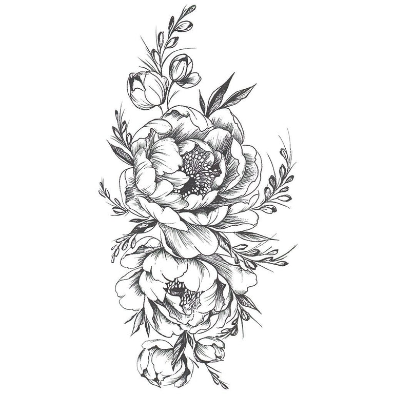 Tatouage temporaire hyperréaliste Black Peony de ArtWear Tattoo Fleurs sur le bras d'un homme et jambe d'une femme