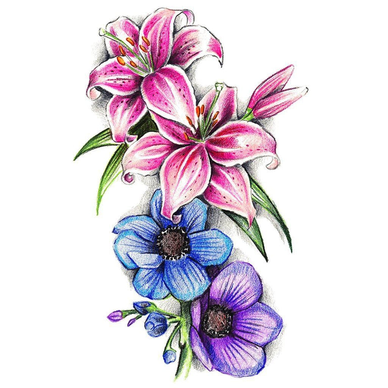 Tatouage temporaire hyperréaliste Colored Lily Flowers de ArtWear Tattoo Fleurs sur le bras d'un homme et jambe d'une femme
