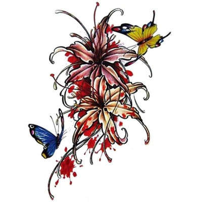 Tatouage temporaire hyperréaliste Flowers & Butterflies de ArtWear Tattoo Fleurs sur le bras d'un homme et jambe d'une femme