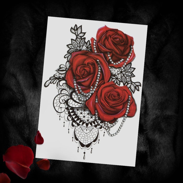 Tatouage temporaire hyperréaliste Laces Roses de ArtWear Tattoo Fleurs sur le bras d'un homme et jambe d'une femme