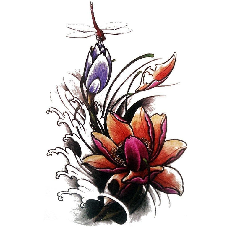 Tatouage temporaire hyperréaliste Lotus & Dragonfly de ArtWear Tattoo Fleurs sur le bras d'un homme et jambe d'une femme