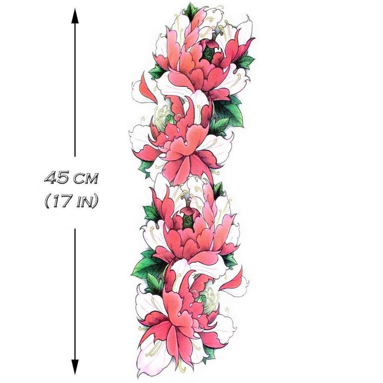 Tatouage temporaire hyperréaliste Peony Colorful Sleeve de ArtWear Tattoo Fleurs sur le bras d'un homme et jambe d'une femme