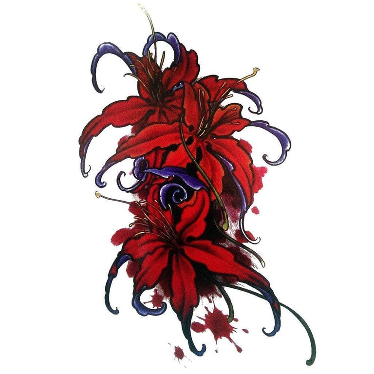 Tatouage temporaire hyperréaliste Red Flowers de ArtWear Tattoo Fleurs sur le bras d'un homme et jambe d'une femme