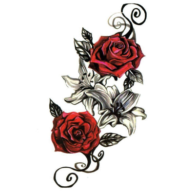 Tatouage temporaire hyperréaliste Red Roses de ArtWear Tattoo Fleurs sur le bras d'un homme et jambe d'une femme