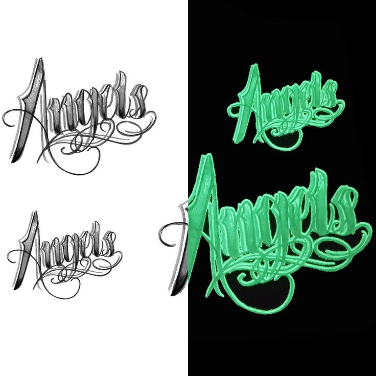 Tatouage temporaire hyperréaliste Glow in the Dark Angels - Pack de ArtWear Tattoo Fluorescents & Phosphorescents sur le bras d'un homme et jambe d'une femme