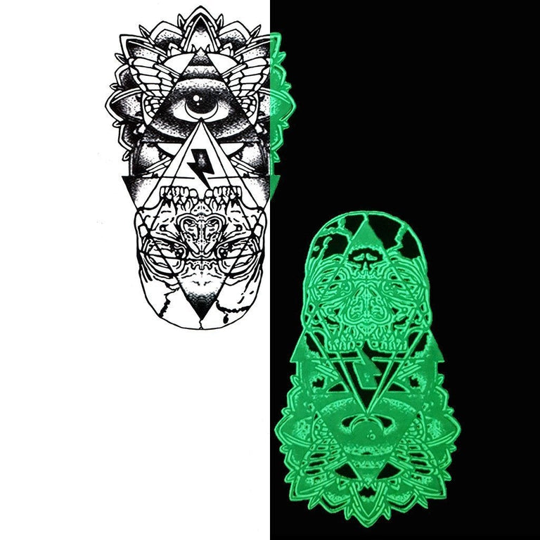 Tatouage temporaire hyperréaliste Glow in the Dark Eye Totem - Pack de ArtWear Tattoo Fluorescents & Phosphorescents sur le bras d'un homme et jambe d'une femme