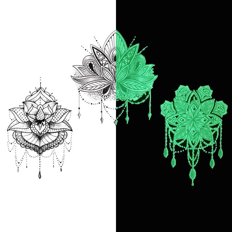 Tatouage temporaire hyperréaliste Glow in the Dark "The 3 Lotus" - Pack de ArtWear Tattoo Fluorescents & Phosphorescents sur le bras d'un homme et jambe d'une femme