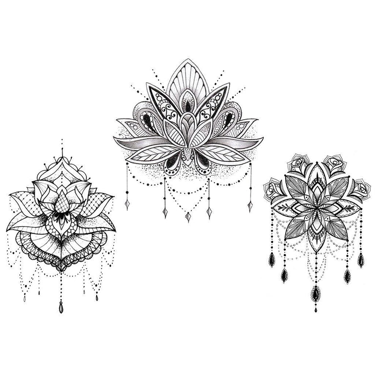 Tatouage temporaire hyperréaliste Glow in the Dark "The 3 Lotus" - Pack de ArtWear Tattoo Fluorescents & Phosphorescents sur le bras d'un homme et jambe d'une femme