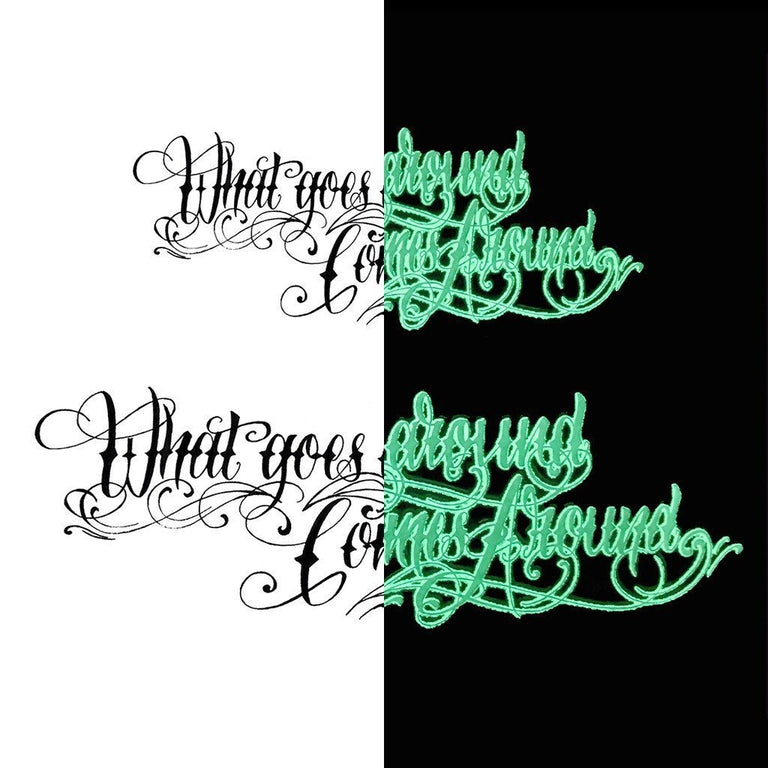 Tatouage temporaire hyperréaliste Glow in the Dark "What Goes Around" - Pack de ArtWear Tattoo Fluorescents & Phosphorescents sur le bras d'un homme et jambe d'une femme