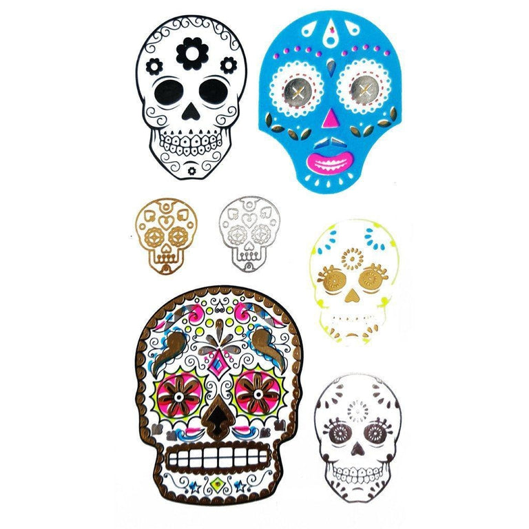 Tatouage temporaire hyperréaliste Ultraviolet Lil Skulls Pack de ArtWear Tattoo Fluorescents & Phosphorescents sur le bras d'un homme et jambe d'une femme