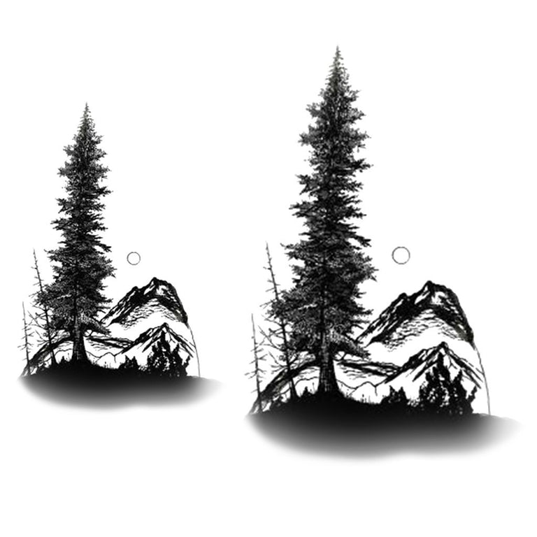 Tatouage temporaire hyperréaliste Mountain Tree Pack de ArtWear Tattoo Géométriques sur le bras d'un homme et jambe d'une femme