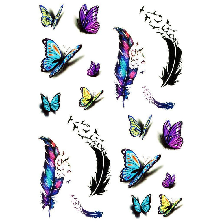 Tatouage temporaire hyperréaliste Feathers & Butterflies - Pack de ArtWear Tattoo Insectes sur le bras d'un homme et jambe d'une femme