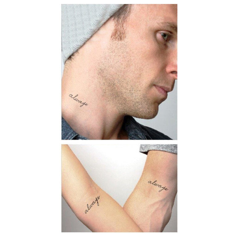 Tatouage temporaire hyperréaliste Always - Pack de ArtWear Tattoo Lettres & Citations sur le bras d'un homme et jambe d'une femme