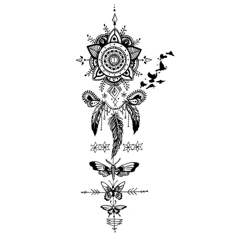 Tatouage temporaire hyperréaliste Black Dreamcatcher, Birds & Butterflies - Pack de ArtWear Tattoo Mandala sur le bras d'un homme et jambe d'une femme