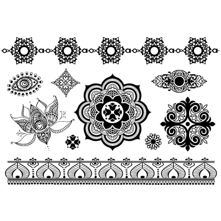 Tatouage temporaire hyperréaliste Black Mandala Patterns - Pack de ArtWear Tattoo Mandala sur le bras d'un homme et jambe d'une femme