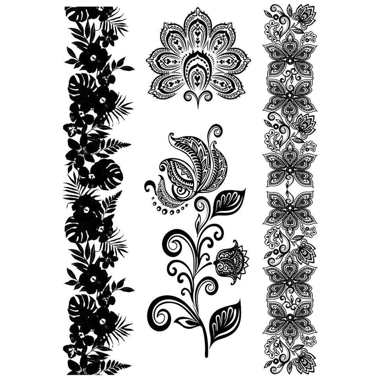 Tatouage temporaire hyperréaliste Black Ornaments - Pack de ArtWear Tattoo Mandala sur le bras d'un homme et jambe d'une femme