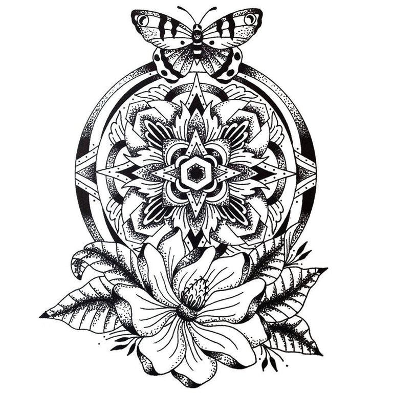 Tatouage temporaire hyperréaliste Dotwork Mandala Flower & Butterfly de ArtWear Tattoo Mandala sur le bras d'un homme et jambe d'une femme