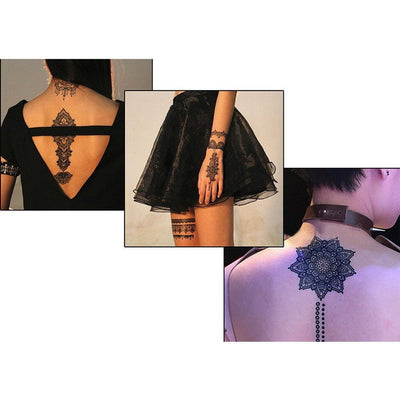 Tatouage temporaire hyperréaliste Henna Pattern Pack 5 de ArtWear Tattoo Mandala sur le bras d'un homme et jambe d'une femme