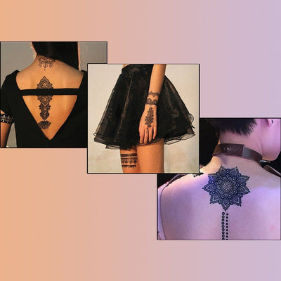 Tatouage temporaire hyperréaliste Henna Patterns Pack 2 de ArtWear Tattoo Mandala sur le bras d'un homme et jambe d'une femme