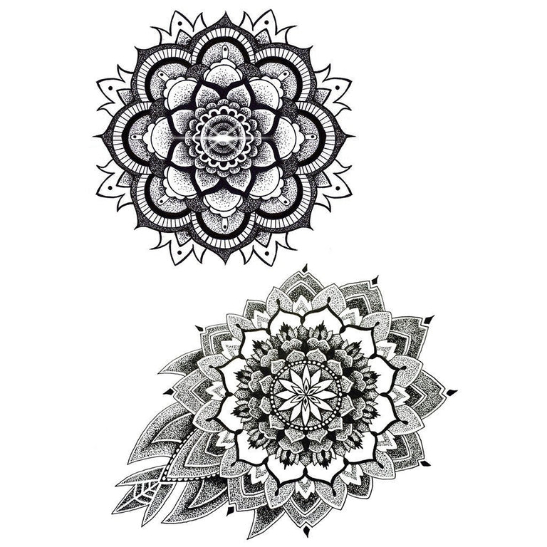 Tatouage temporaire hyperréaliste Mandala V1 - Pack de ArtWear Tattoo Mandala sur le bras d'un homme et jambe d'une femme