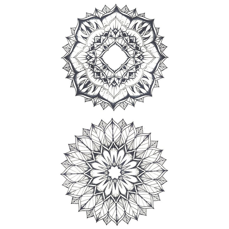 Tatouage temporaire hyperréaliste Mandala V2 - Pack de ArtWear Tattoo Mandala sur le bras d'un homme et jambe d'une femme