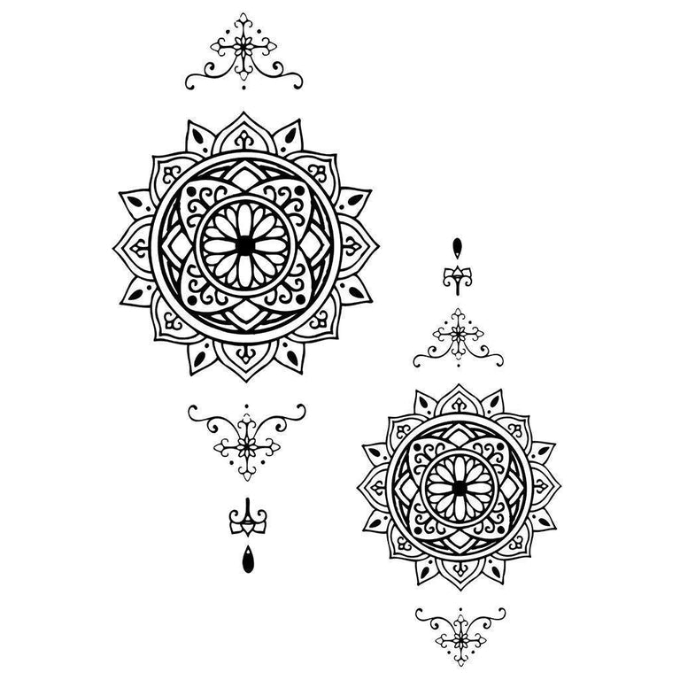 Tatouage temporaire hyperréaliste Round Mandalas - Pack de ArtWear Tattoo Mandala sur le bras d'un homme et jambe d'une femme