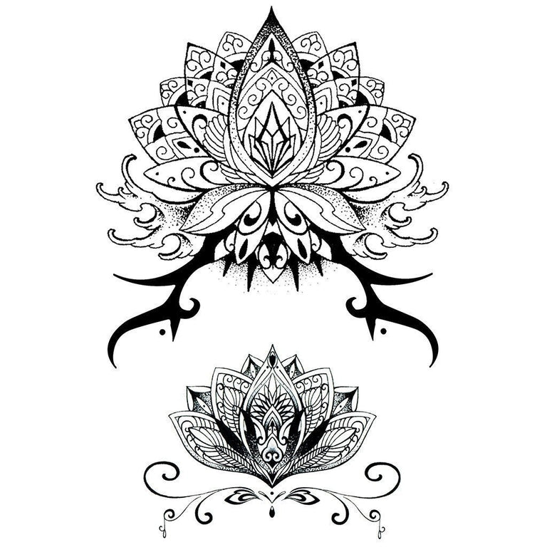 Tatouage temporaire hyperréaliste Sanskrit Lotus Flowers - Pack de ArtWear Tattoo Mandala sur le bras d'un homme et jambe d'une femme