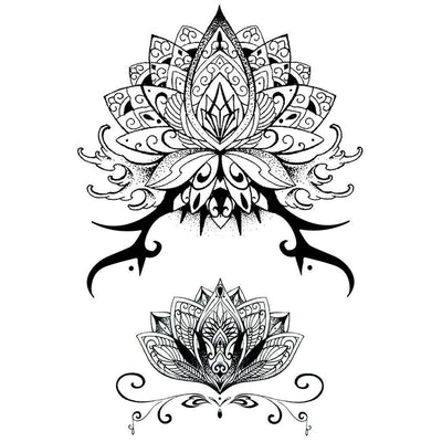 Tatouage temporaire hyperréaliste Sanskrit Lotus Flowers - Pack de ArtWear Tattoo Mandala sur le bras d'un homme et jambe d'une femme
