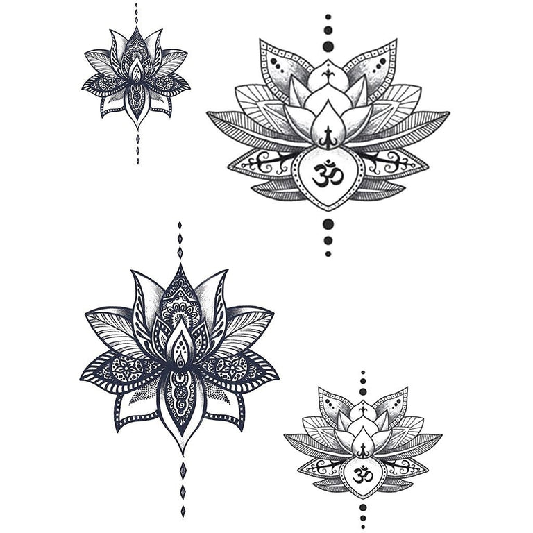 Tatouage temporaire hyperréaliste The 4 Lotus - Pack de ArtWear Tattoo Mandala sur le bras d'un homme et jambe d'une femme