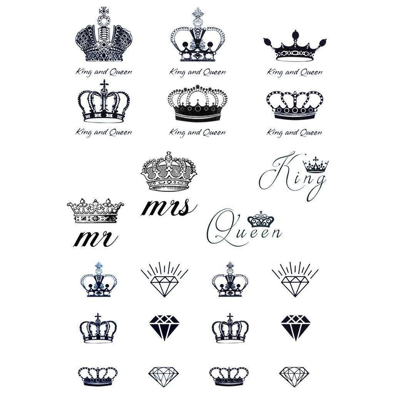 Tatouage temporaire hyperréaliste Crowns & Diamonds - Pack de ArtWear Tattoo Minimalistes sur le bras d'un homme et jambe d'une femme