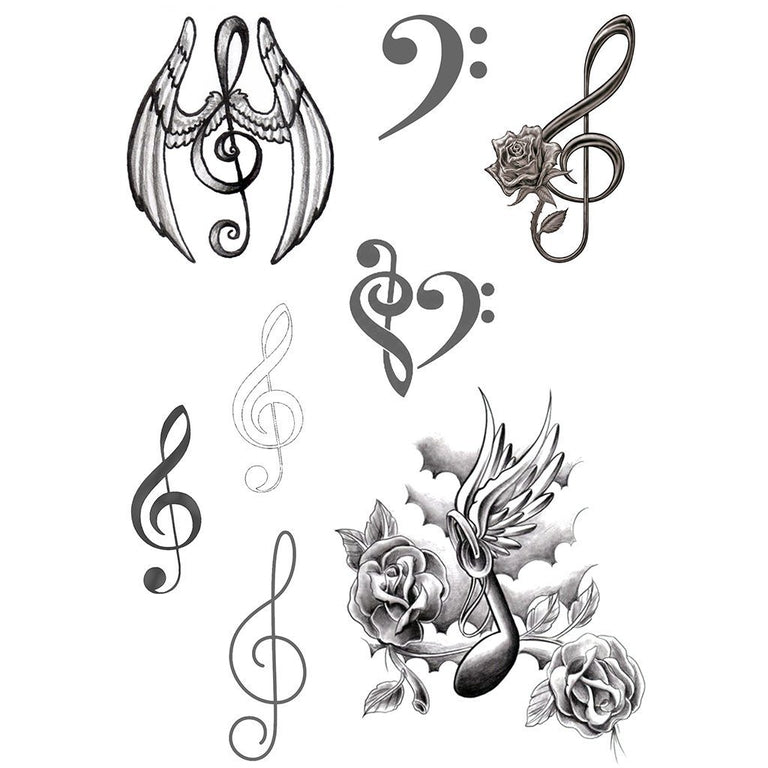 Tatouage temporaire hyperréaliste Music Notes - Pack de ArtWear Tattoo Minimalistes sur le bras d'un homme et jambe d'une femme