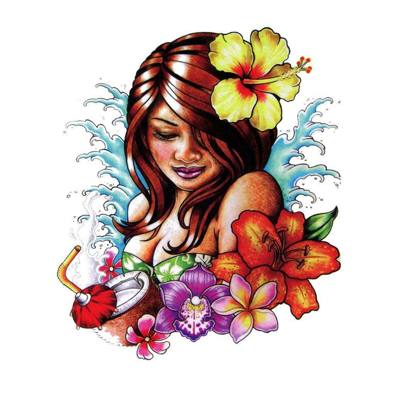 Tatouage temporaire hyperréaliste Aloha de ArtWear Tattoo Old School sur le bras d'un homme et jambe d'une femme