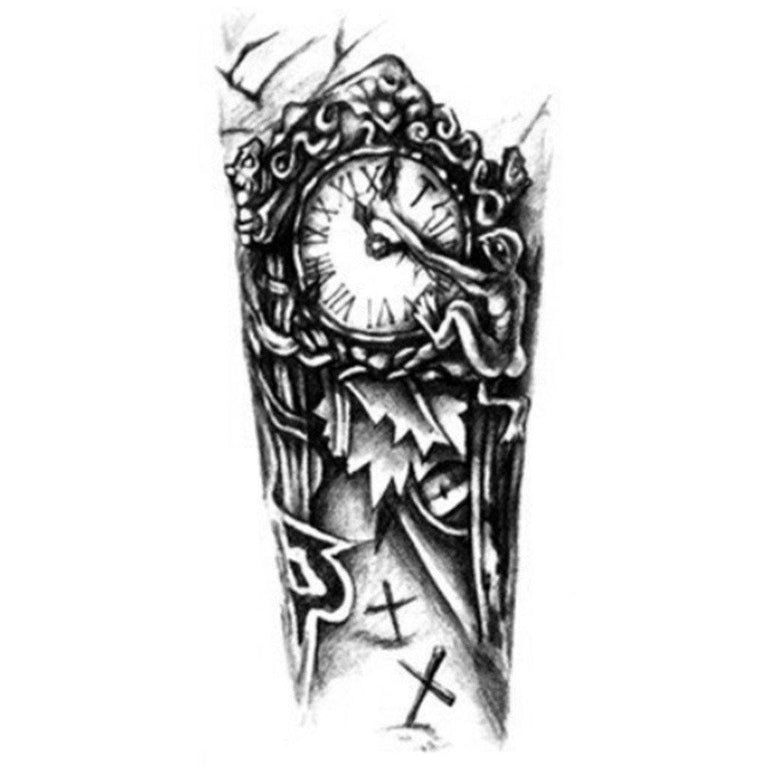 Tatouage temporaire hyperréaliste Clock Arm de ArtWear Tattoo Old School sur le bras d'un homme et jambe d'une femme