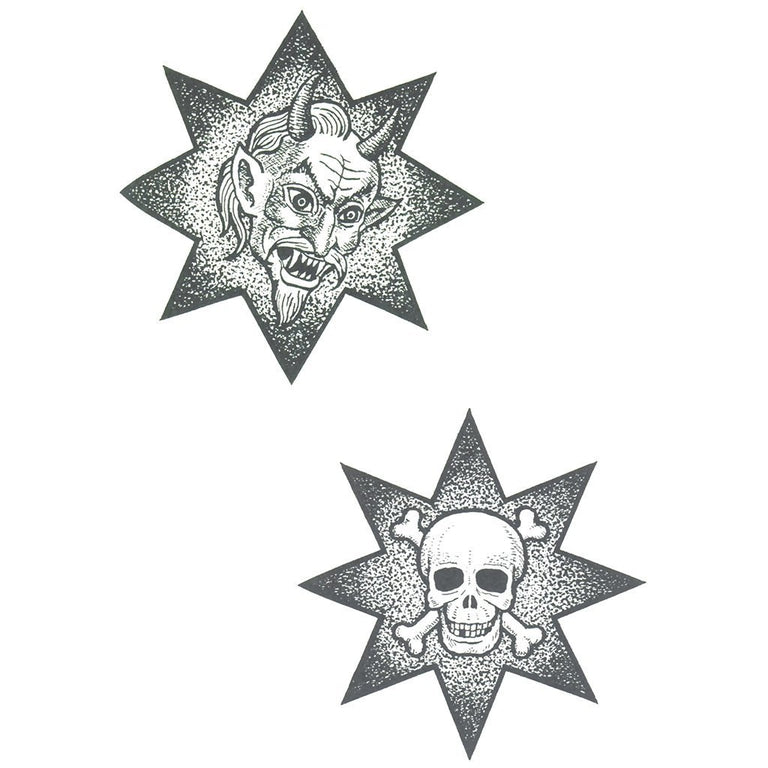 Tatouage temporaire hyperréaliste Demon & Skull Stars - Pack de ArtWear Tattoo Old School sur le bras d'un homme et jambe d'une femme