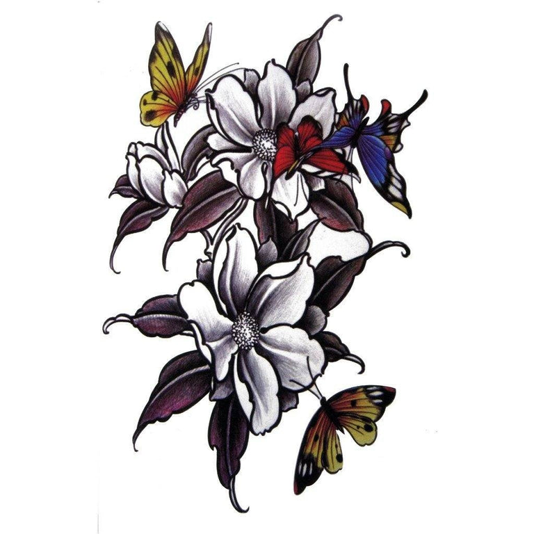 Tatouage temporaire hyperréaliste Flowers & Butterflies de ArtWear Tattoo Old School sur le bras d'un homme et jambe d'une femme