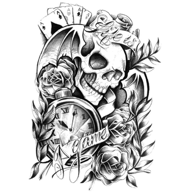 Tatouage temporaire hyperréaliste Life is a Game de ArtWear Tattoo Old School sur le bras d'un homme et jambe d'une femme