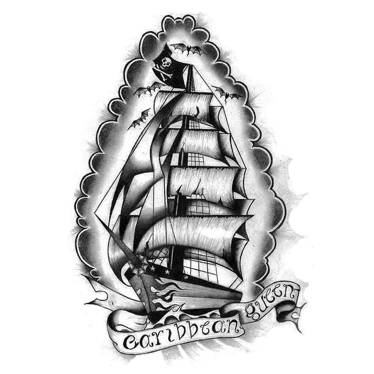 Tatouage temporaire hyperréaliste Pirate Ship de ArtWear Tattoo Old School sur le bras d'un homme et jambe d'une femme