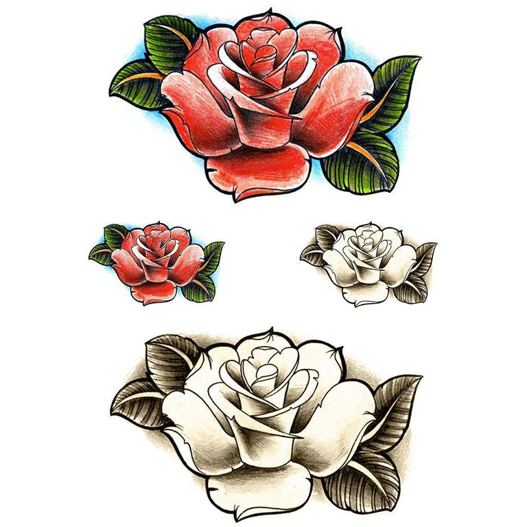 Tatouage temporaire hyperréaliste Red Old School Rose - Pack de ArtWear Tattoo Old School sur le bras d'un homme et jambe d'une femme