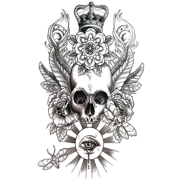 Tatouage temporaire hyperréaliste Skull Eye Crown de ArtWear Tattoo Old School sur le bras d'un homme et jambe d'une femme