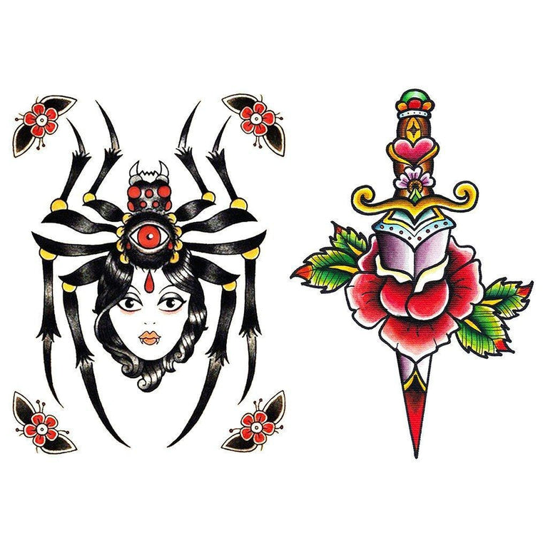 Tatouage temporaire hyperréaliste Spider Woman & Dagger - Pack de ArtWear Tattoo Old School sur le bras d'un homme et jambe d'une femme