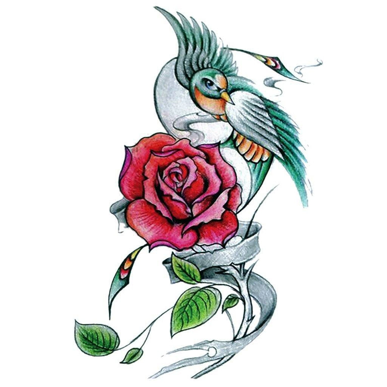 Tatouage temporaire hyperréaliste Swallow & Rose de ArtWear Tattoo Old School sur le bras d'un homme et jambe d'une femme