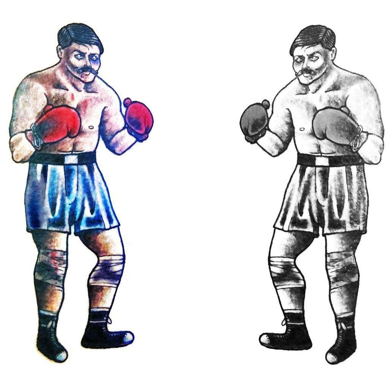 Tatouage temporaire hyperréaliste Vintage Boxer - Pack de ArtWear Tattoo Old School sur le bras d'un homme et jambe d'une femme