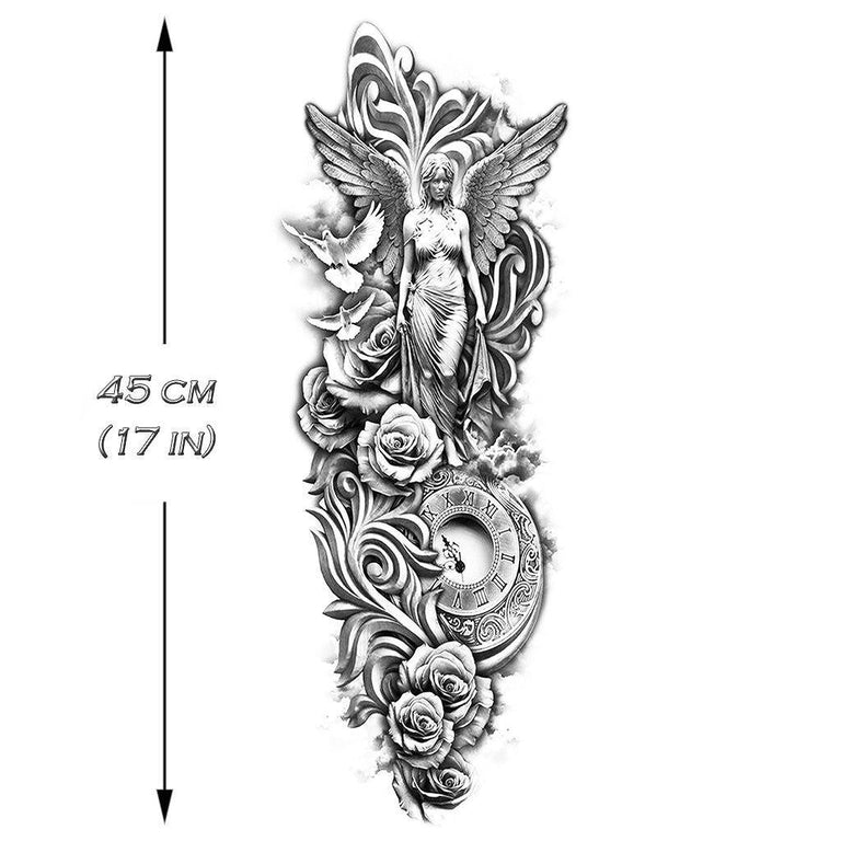 Tatouage temporaire hyperréaliste Angel & Roses Sleeve de ArtWear Tattoo Religieux sur le bras d'un homme et jambe d'une femme